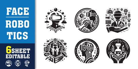 Face robotics Artificial intelligence icon collection. machine learning, data science, AI, virtual assistant, generative AI, technology. Line vector icons set.