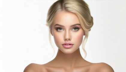 Fototapeta premium studio portrait of a blonde woman with nude shoulders on white background 