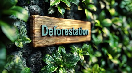 Wooden deforestation sign amidst lush green foliage