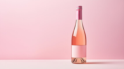A stylish bottle of rose wine stands against soft pink background, exuding elegance