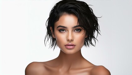studio portrait of a brunette short haired woman with nude shoulders on white background	
