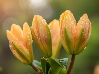 Fototapeta premium Close-up of three peach-colored flower buds, covered in dew drops, glowing in soft sunlight against a blurred green background.