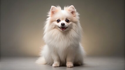 Adorable fluffy white Pomeranian dog sits on a soft isolated background with a sweet expression, showcasing its cute features and soft fur in a studio setting.