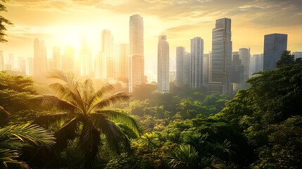 A stunning view of a city skyline at sunrise, framed by lush greenery, showcasing the harmony of nature and urban life.