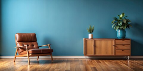 Modern mid century interior featuring a leather armchair, wood cabinet on blue wall and wood floor