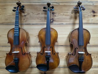 Three violins hanging on a wooden wall.