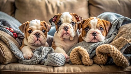 Adorable trio of playful English bulldog puppies frolic on a cozy couch, surrounded by soft toys and blankets, capturing their innocent and joyful puppyhood.