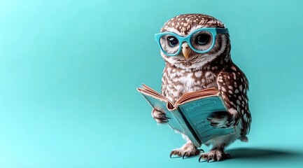 Scholarly owl with glasses reads book in vibrant blue background, blending whimsy and education.