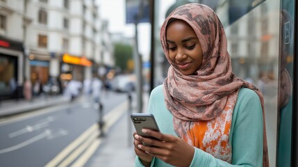 A young Black woman wearing a hijab stands by a bus stop, looking at her phone in an urban environment with a mint green and white color scheme