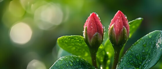 Close-up of two red flower buds covered in dew drops, surrounded by green leaves and highlighted by soft, natural sunlight.