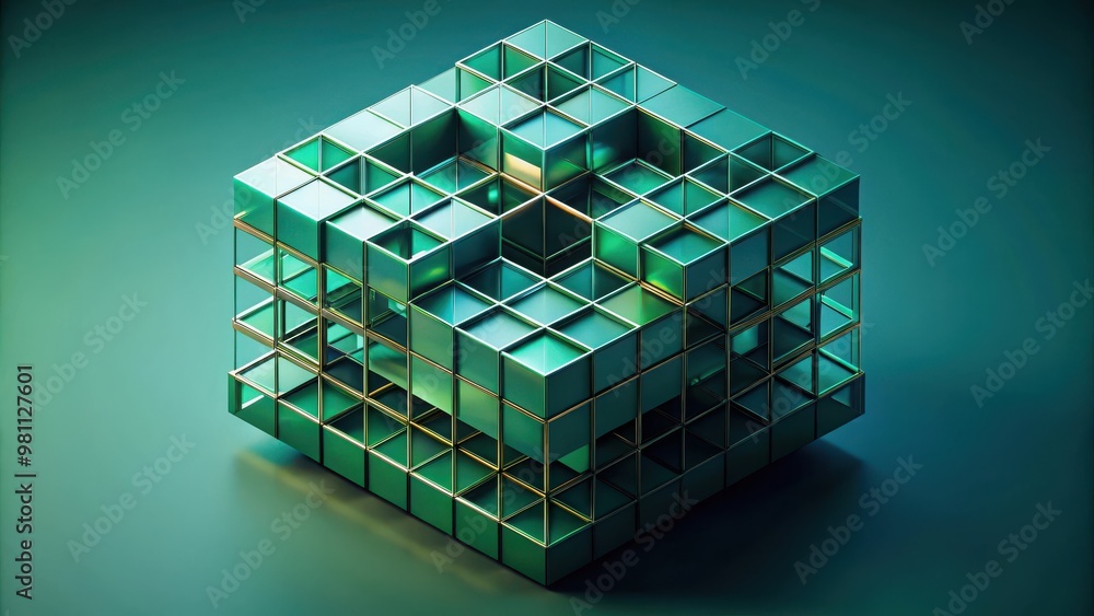 Fototapete Abstract geometric cubic structure with dark green tones in isometric render
