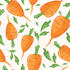 seamless pattern of round chantenay carrots with green tails and green leaves arranged randomly, vector