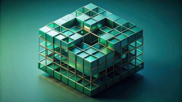 Abstract geometric cubic structure with dark green tones in isometric render