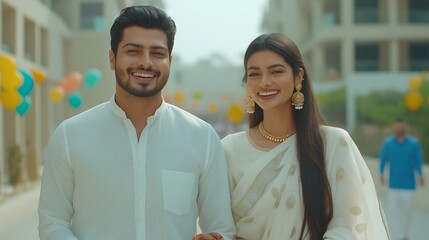 A young Indian couple in traditional attire walking hand in hand on a city street adorned with festival decorations