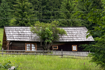 House made of wood in the heart of the mountains. Scenic photo with a wooden house in the middle of a forest.