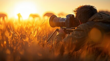 Capturing Wildlife Essence: Intense Moment of a Photographer in African Savanna Stealth Mode