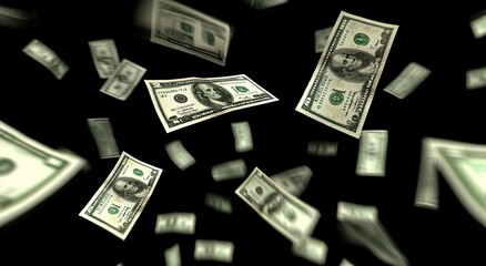 Flying dollar bills symbolize wealth and financial success on a dark background hinting at unchecked