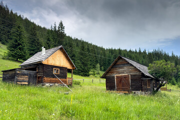 Obraz premium House made of wood in the heart of the mountains. Scenic photo with a wooden house in the middle of a forest.