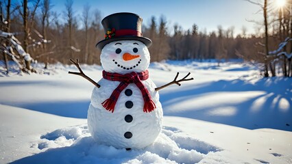 Obraz premium A cheerful snowman wearing a black top hat and red plaid scarf stands in a snowy forest with blue skies and sunshine.