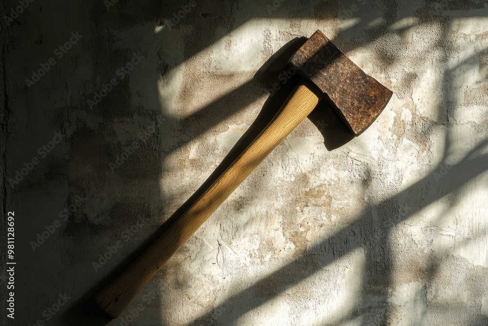 Poster Rusty Axe with Wooden Handle Against Rough White Wall