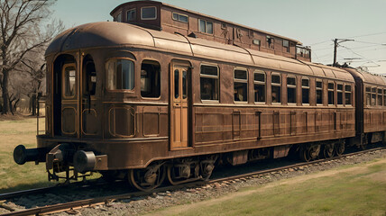 Fototapeta premium Rustic Vintage Train Standing on Tracks, Evoking Nostalgic Memories of a Bygone Era in Countryside