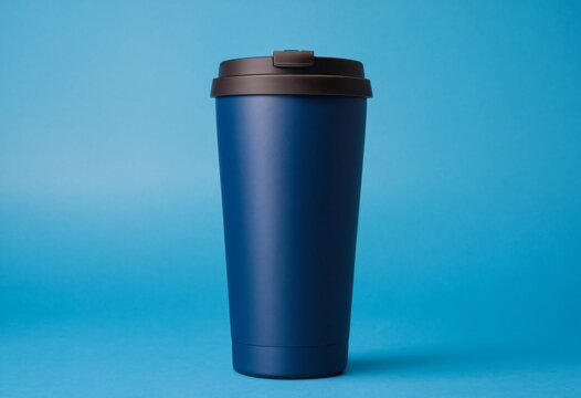 Reusable Coffee Cup To Go. Mug and tumbler thermos flask of blue color on blue  background. Mock up. Ai generated image.