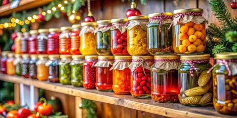Close up of homemade seasonal foods in small jars on shelf at indoor xmas market