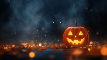 A pumpkin with a smiley face on it is sitting on a dark background. The pumpkin is lit up, giving it a warm and inviting glow. The scene is reminiscent of a Halloween celebration