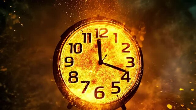 A classic clock engulfs in dramatic blaze with flames and sparks flying. The intense fire consumes the clock face, capturing the urgency and passing of time. The background is dark, enhancing the