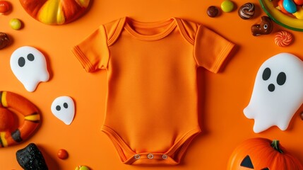 Bright orange baby onesie surrounded by Halloween candies and decorations, perfect for festive autumn celebrations.