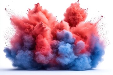 explosive collision of red and blue powder clouds frozen in time highspeed photography billowing particles vibrant color contrast on white background