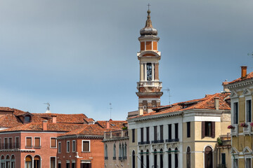 Obraz premium Venice landscape photo from boat. Sunny summer day in Venice, view to San Marco Square and other landmark buildings. Travel to Italy.