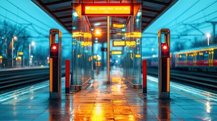 Serene Urban Train Station Entrance at Night with Automated Ticket Barriers and Dim Ambient Lighting Creating a Contrast Between Artificial and Natural Light