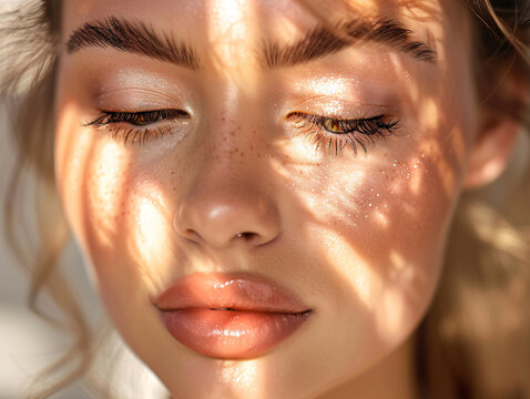 Close-up of a woman with natural freckles, glossy lips, and long lashes, softly illuminated by dappled sunlight casting shadows across her face.