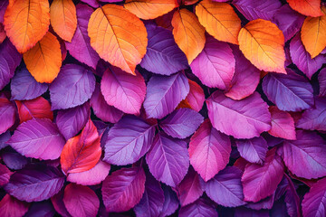 Fototapeta premium Vibrant purple and orange leaves layered together creating a striking and colorful autumn pattern.