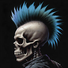 punk rock skeleton skull mutant with mohawk hairstyle and biomechanical neck illustration on black background