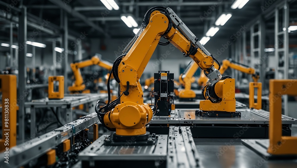 Aufkleber advanced robotic arms assembling packages in a high-tech factory.