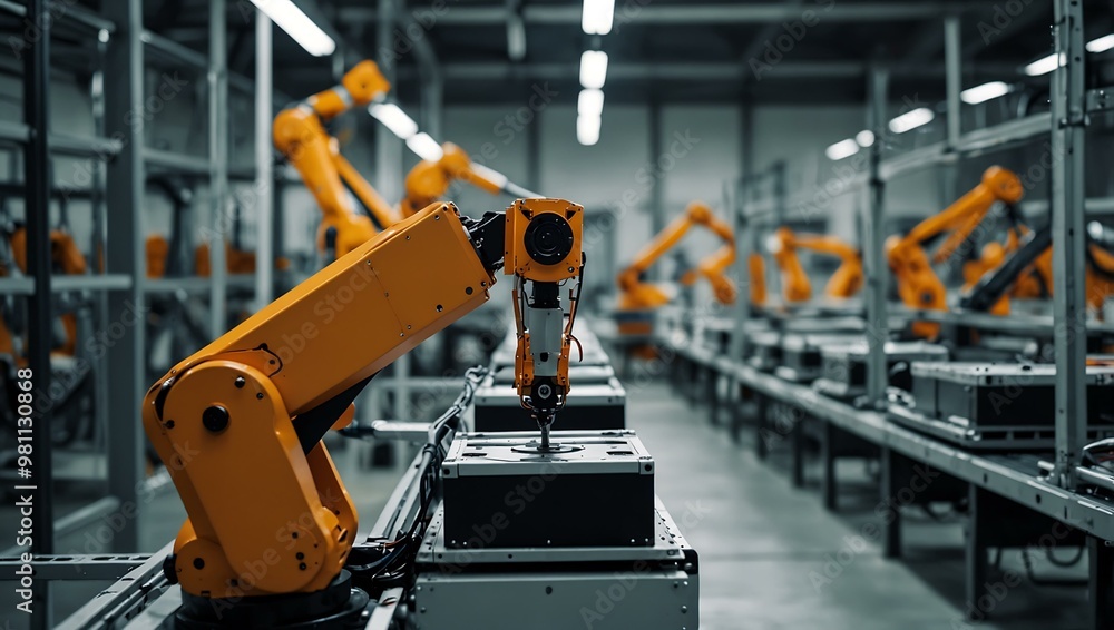 Poster advanced robotic arms assembling packages in a high-tech factory.
