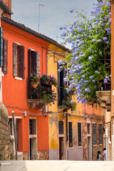 Fototapeta premium Details of Venice. Photo with flowers and vivid buildings color landscape on the streets of Venice. Travel to Italy.