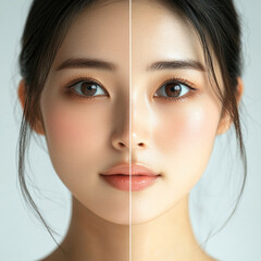 The two images of the woman's face show a difference in her makeup