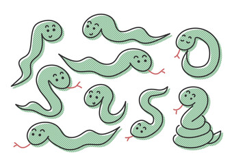 かわいい手書きの蛇のイラストセット