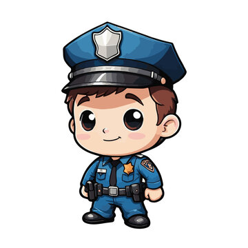 Cute little boy, hero policeman in blue uniform, cartoon character on white