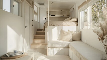 A minimalist tiny home interior with multifunctional furniture, clean lines, and a neutral color palette, maximizing space and simplicity.