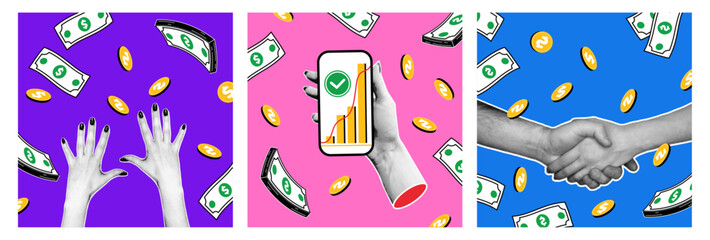 Set of square posters with halftone hands. Mobile phone in hands with a graph of financial growth, hands catching falling money, coins, bills, handshake, including a financial transaction.