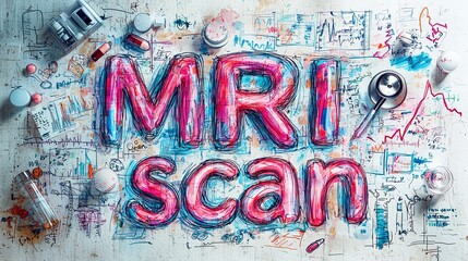 Vibrant MRI scan lettering with medical elements and drawings