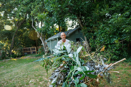A man stands behind a wheelbarrow filled with garden waste in a backyard with trees, a fence, and a shed, Florida, USA