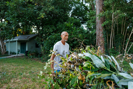 An adult man stands amidst green yard waste in a backyard, looking to the side, with a house and trees in the background, Florida, USA