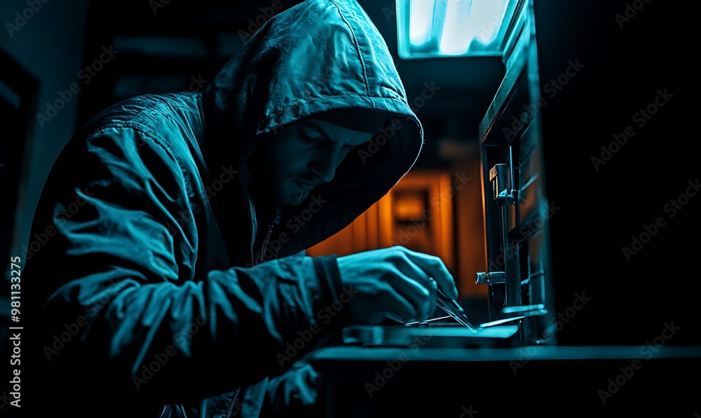 Poster hacker working on a computer in a dark room