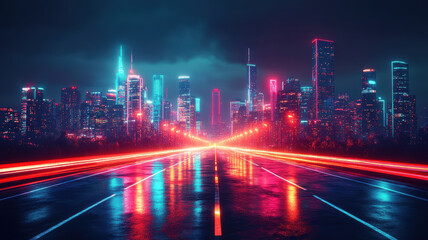A cityscape with neon lights and a long road