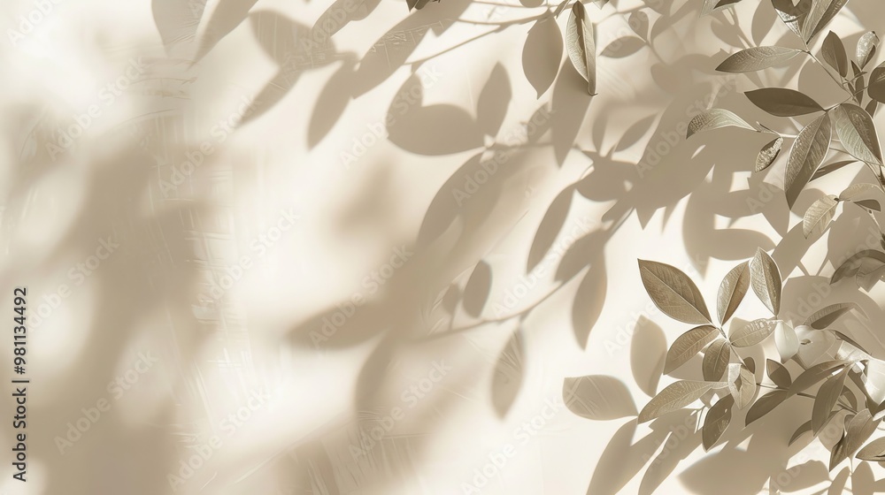 Poster soft light minimalistic beige background for product presentation with shadow patterns and plant mot